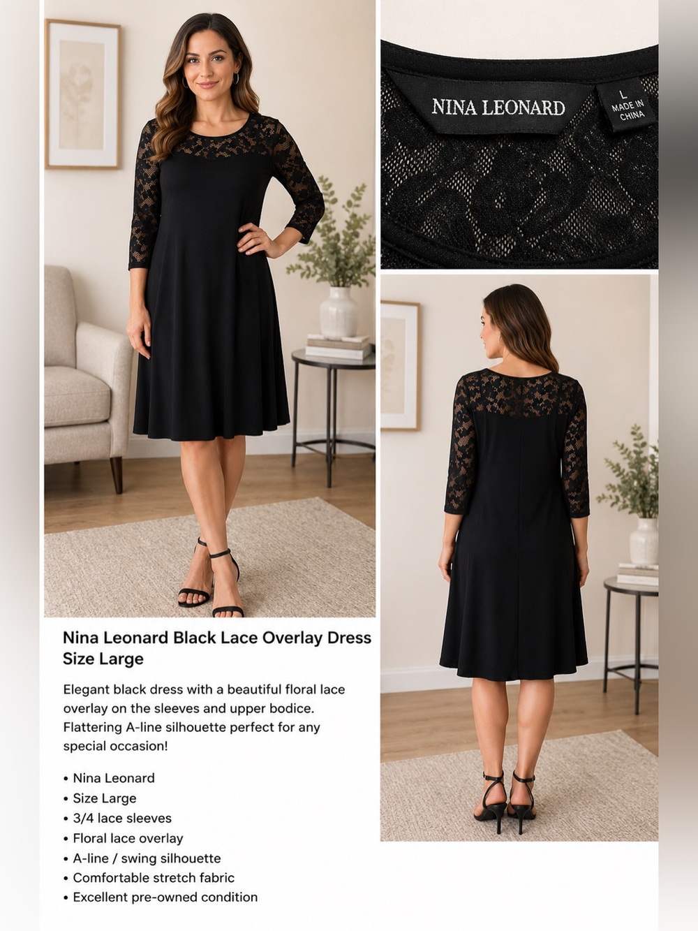 Nina Leonard long sleeve lace top and arms. Elegant and Flattering.